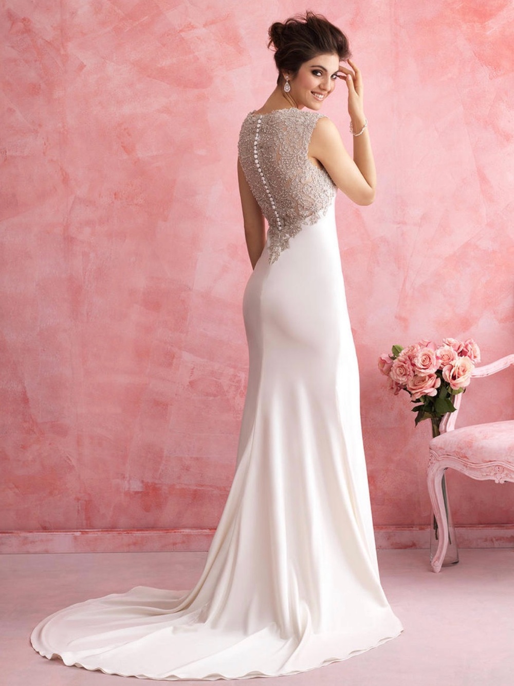Allure Bridals Ivory Satin Gown with Silver Lace Back
